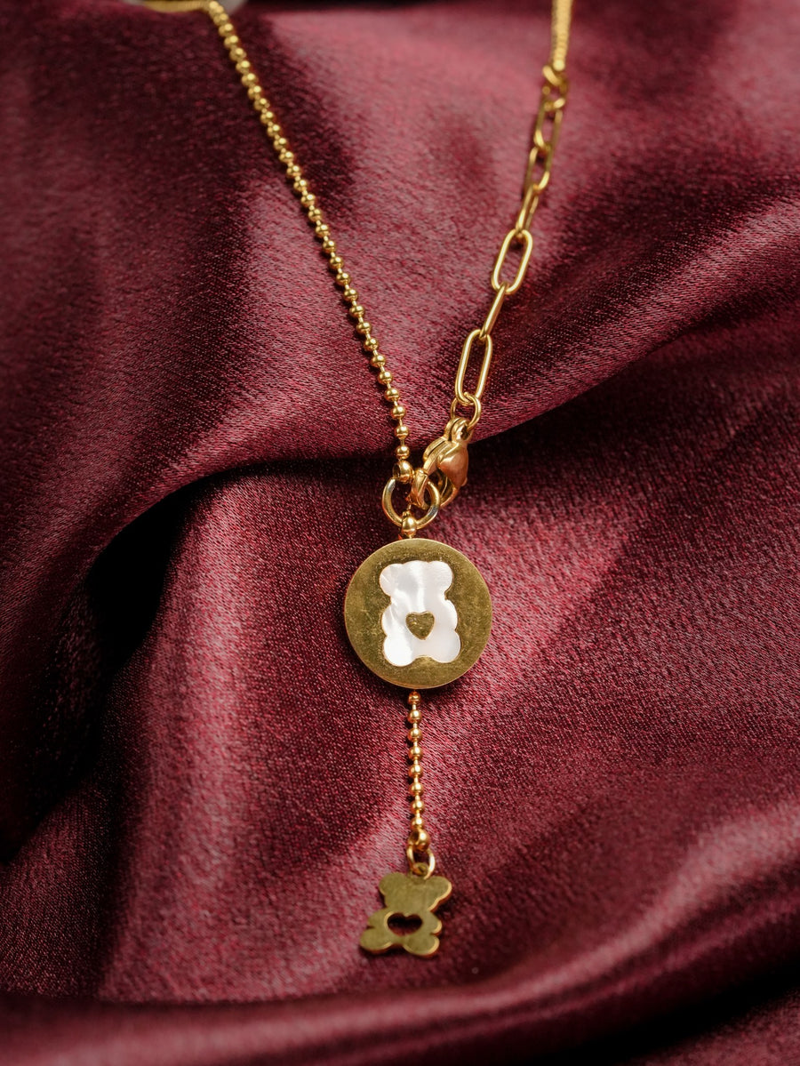 Ashborne Nayana teddy-bear coin necklace with mother-of-pearl bear and bear-charm drop