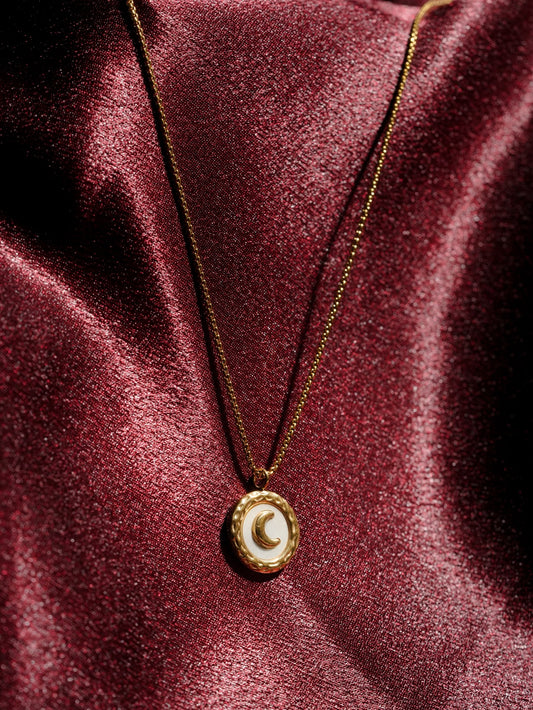 Ashborne Meena gold-tone crescent moon white enamel pendant on chain