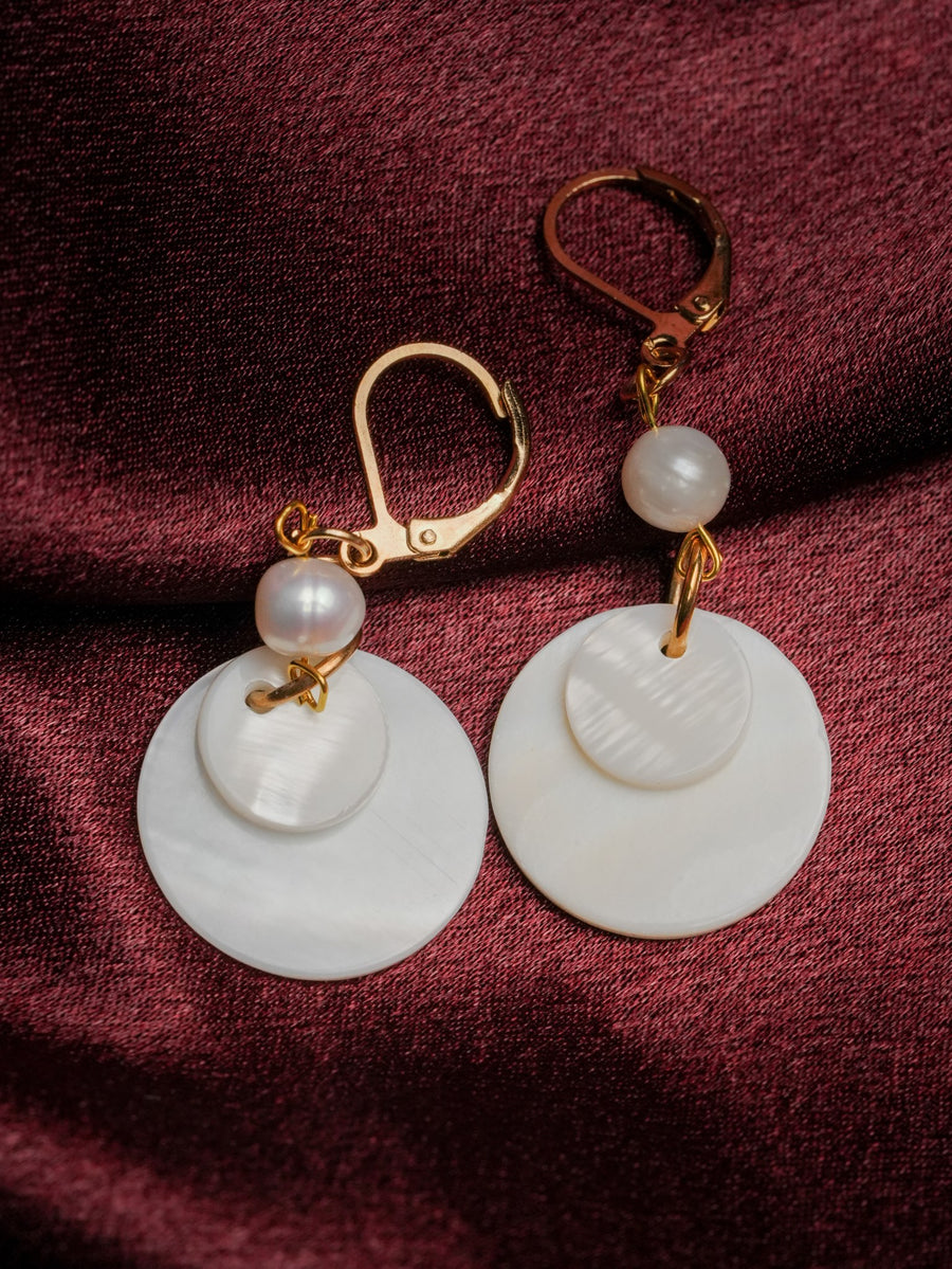 Ashborne Jasmin layered mother-of-pearl disc drop earrings with pearl on maroon satin