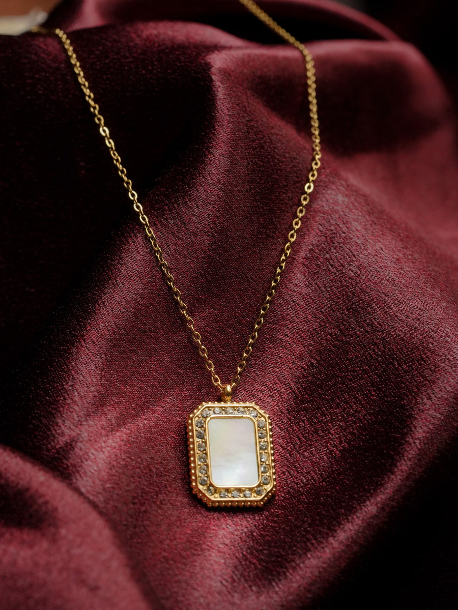 Ashborne Naina octagon pendant, rectangular mother-of-pearl centre with a crystal pave border