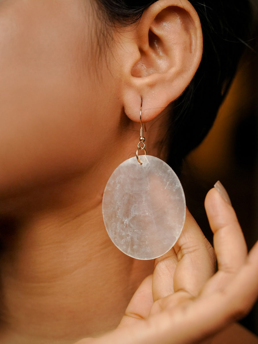 Ashborne Jhanvi round mother-of-pearl disc drop earring worn on ear