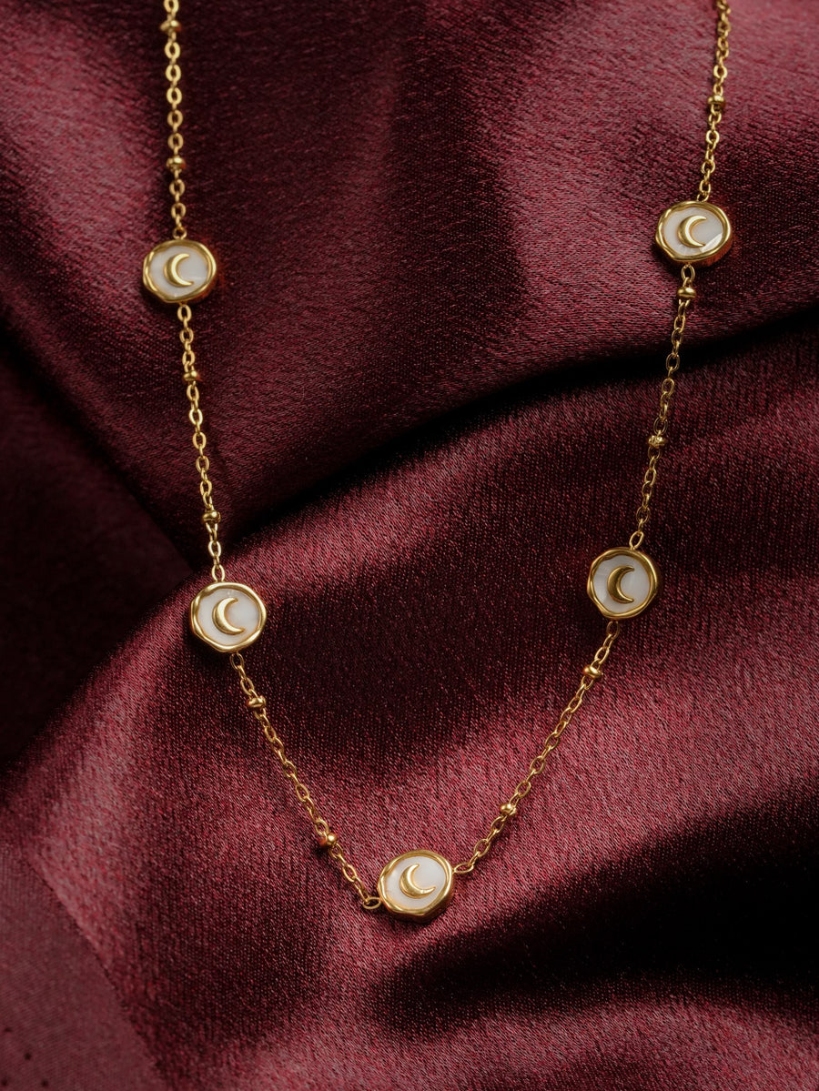 Ashborne Lavanya gold crescent-moon station necklace, mother-of-pearl coins on a beaded chain