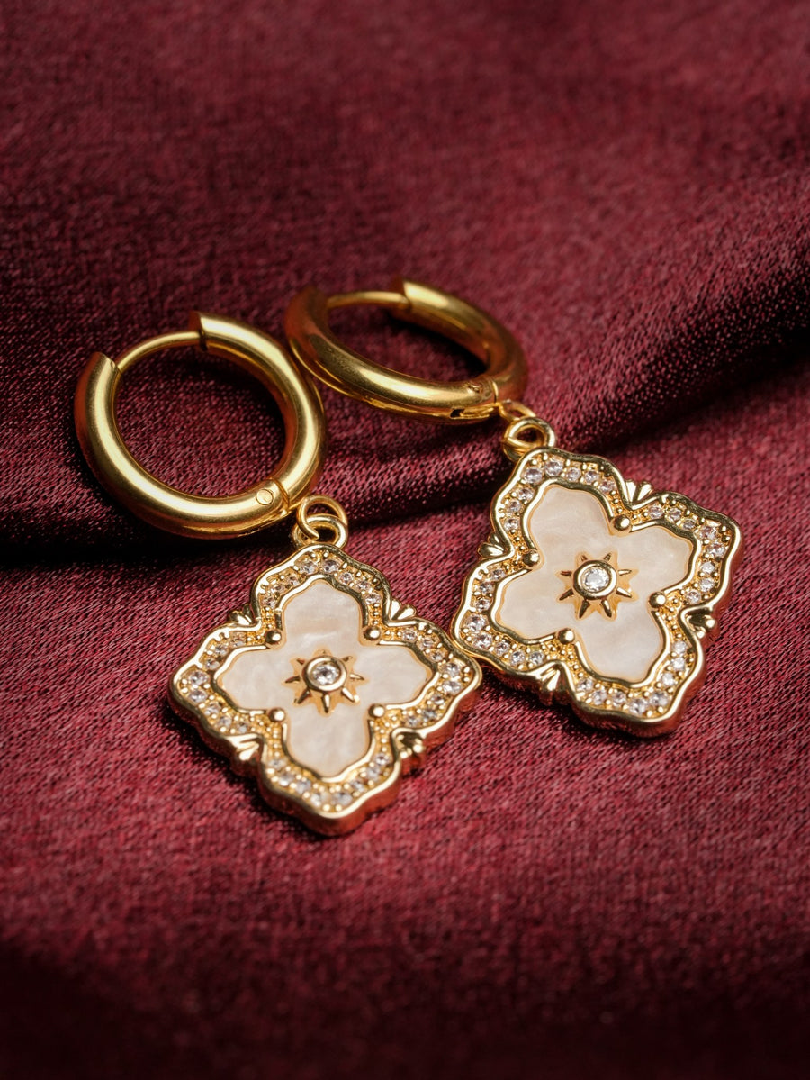 Ashborne Ishani quatrefoil clover huggie earrings with mother-of-pearl and crystal pave