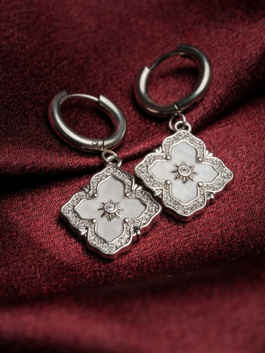 Ashborne Prisha silver-tone clover huggie earrings with mother-of-pearl and crystal drops