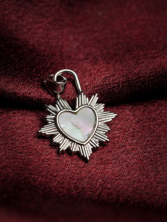 Ashborne Ruchi silver sunburst-frame mother-of-pearl heart pendant on maroon satin