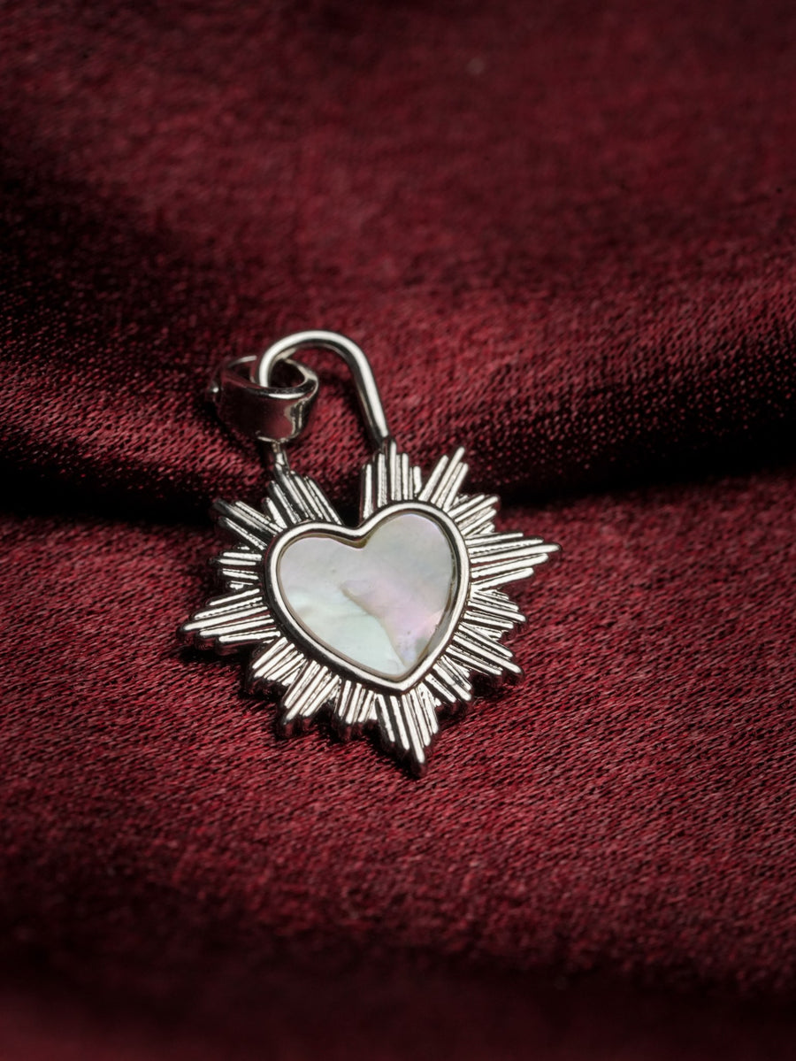 Ashborne Ruchi silver sunburst-frame mother-of-pearl heart pendant on maroon satin