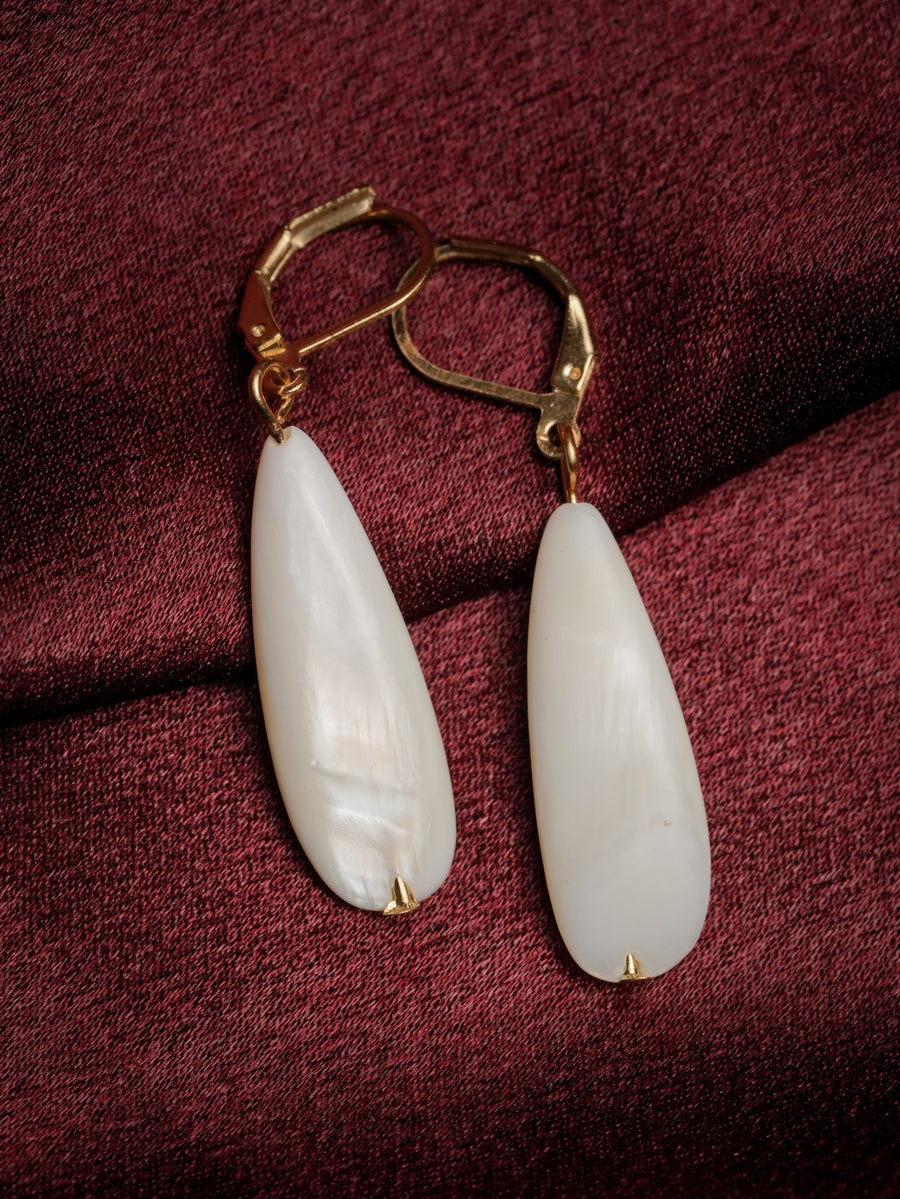 Ashborne Jaya mother-of-pearl teardrop drops, pair with lever-back on maroon