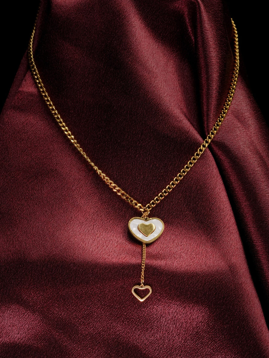 Ashborne Nidhi gold-tone double-heart mother-of-pearl pendant on curb chain