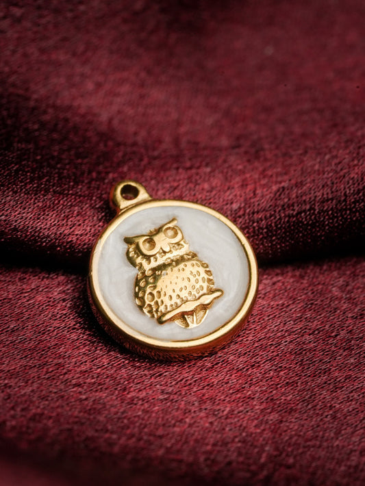 Ashborne Rani owl pendant, gold owl on a pearl-white enamel disc with gold rim