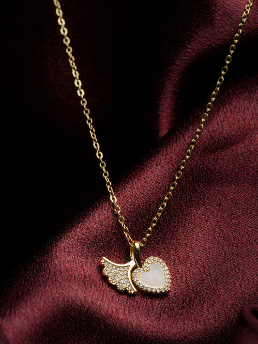 Ashborne Navya angel-wing and mother-of-pearl heart pendant on a gold-tone chain