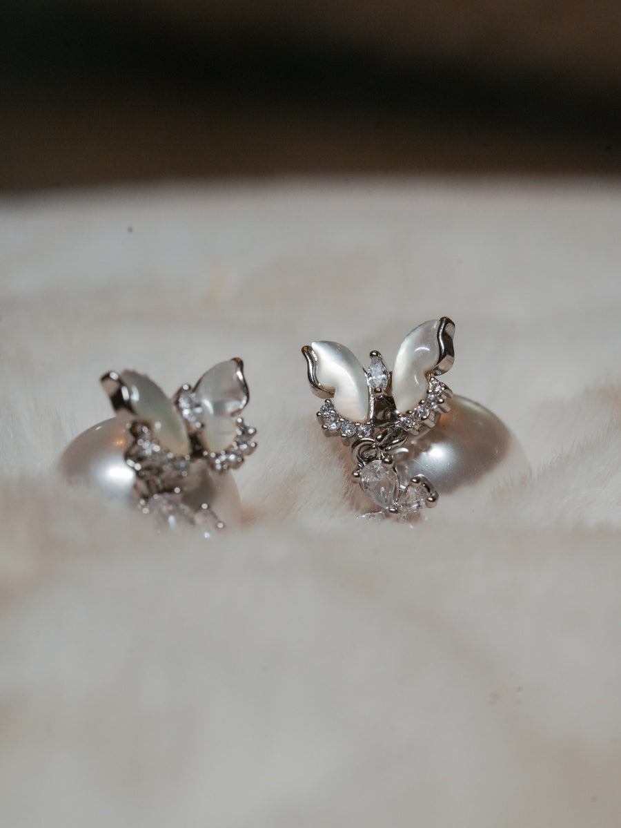 Ashborne Harini silver-tone butterfly pearl studs, mother-of-pearl wings with crystal edging