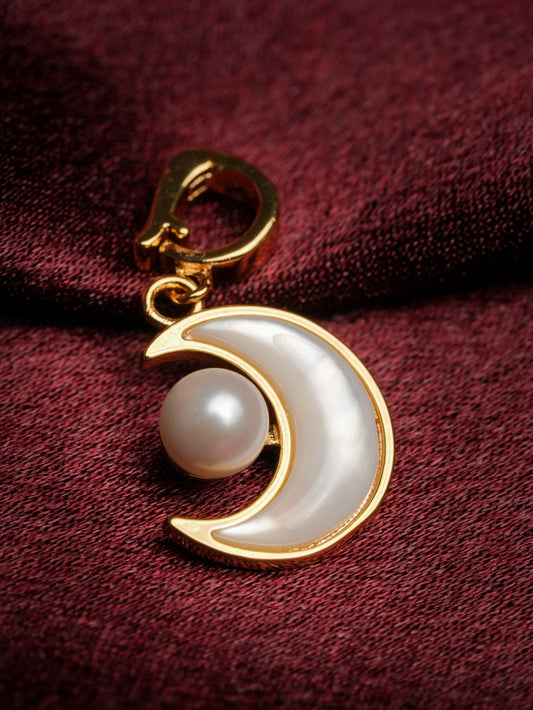 Ashborne Reva crescent moon mother-of-pearl pendant with a nestled pearl and clasp bail